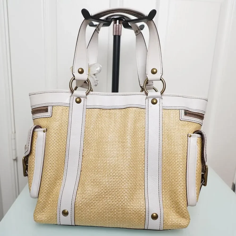 Coach Straw Tote Bag White Leather Y2K